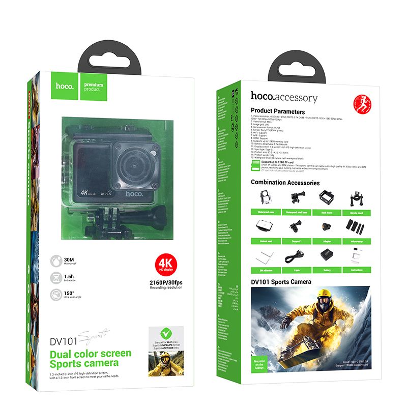 Hoco DV101 Dual Color Screen Sports Camera 4K WiFi Action Camera With Remote Control Screen Waterproof Sport Camera