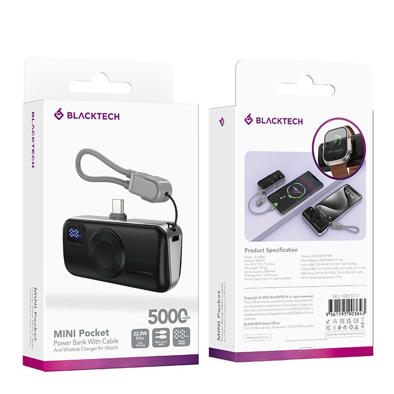 BLACKTECH 5000mAh 22.5W Built In Type C Cable and Wireless Charging for Watches