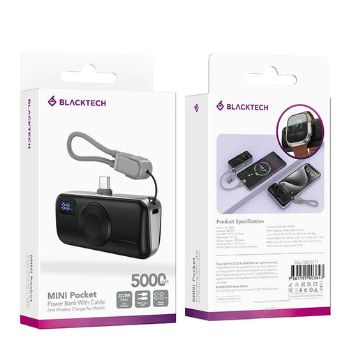 BLACKTECH 5000mAh 22.5W Built In Type C Cable and Wireless Charging for Watches