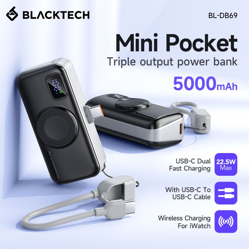 BLACKTECH 5000mAh 22.5W Built In Type C Cable and Wireless Charging for Watches