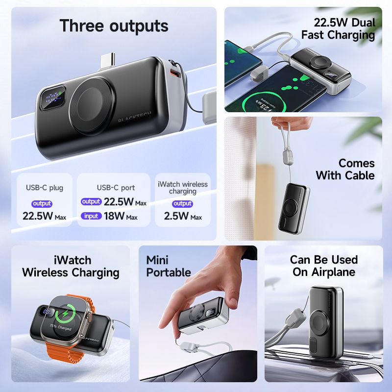 BLACKTECH 5000mAh 22.5W Built In Type C Cable and Wireless Charging for Watches