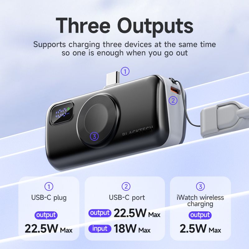 BLACKTECH 5000mAh 22.5W Built In Type C Cable and Wireless Charging for Watches