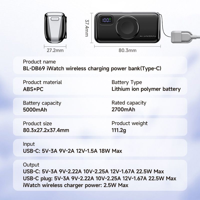 BLACKTECH 5000mAh 22.5W Built In Type C Cable and Wireless Charging for Watches