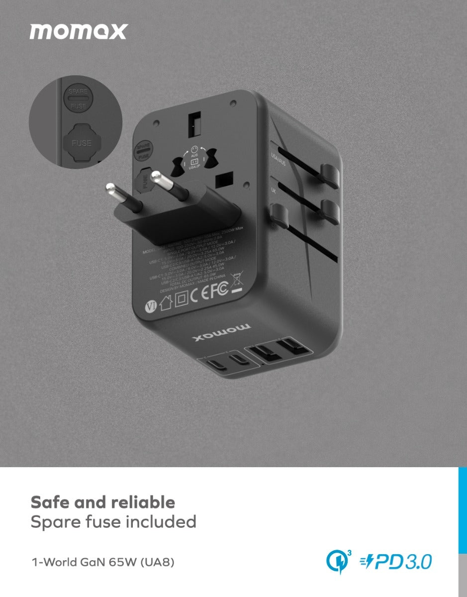 Momax 1-World (65W) GaN PD (5-Port) USB Type-C Charger / AC Plug / Travel Adapter