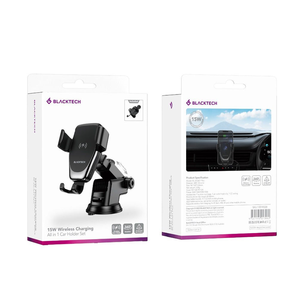 BLACKTECH BL-DCA21 Plus 15W Wireless Charging All in 1 Car Holder Set - Black