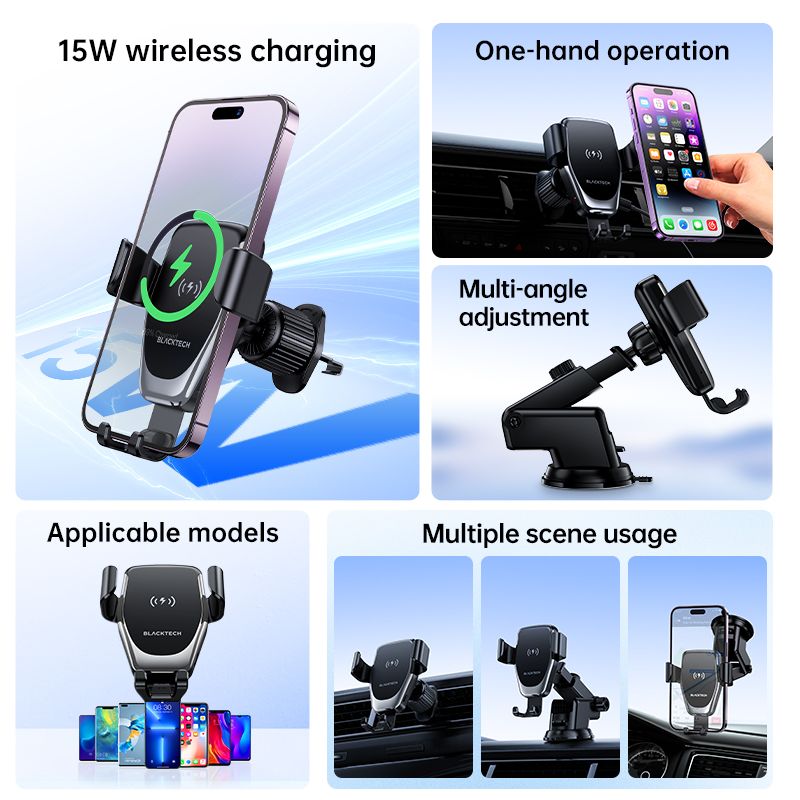 BLACKTECH BL-DCA21 Plus 15W Wireless Charging All in 1 Car Holder Set - Black