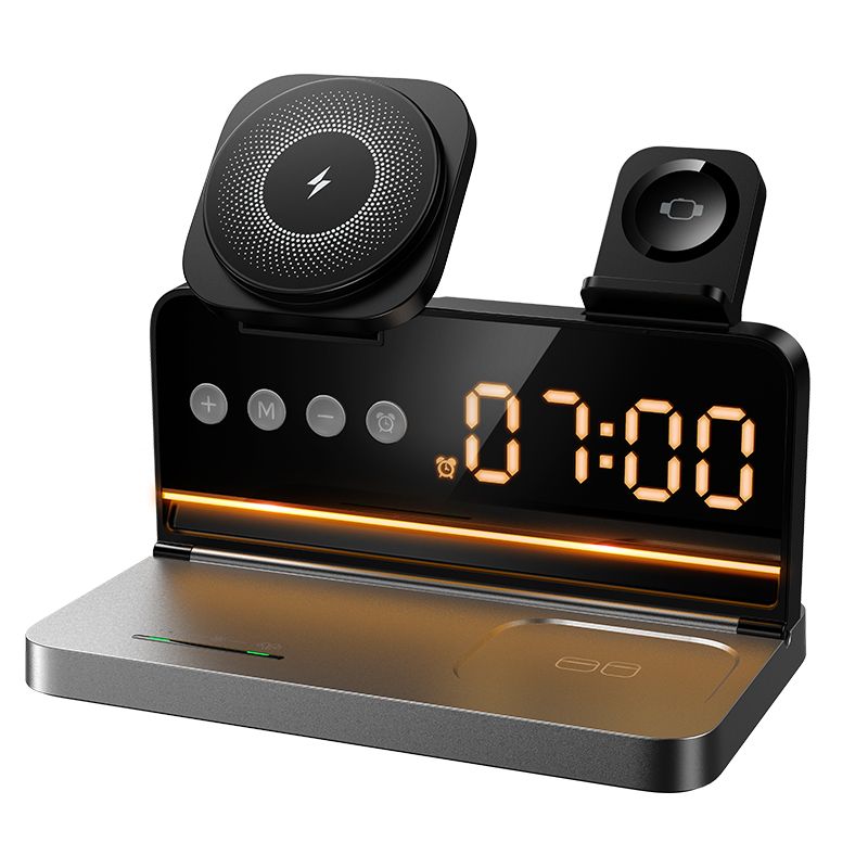 HOCO DWQ03 4-in-1 Wireless Charging Station with Digital Alarm Clock – Fast Qi Charging for Phone, Watch & Earbuds (Black)
