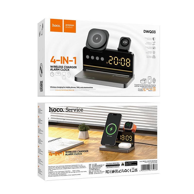 HOCO DWQ03 4-in-1 Wireless Charging Station with Digital Alarm Clock – Fast Qi Charging for Phone, Watch & Earbuds (Black)