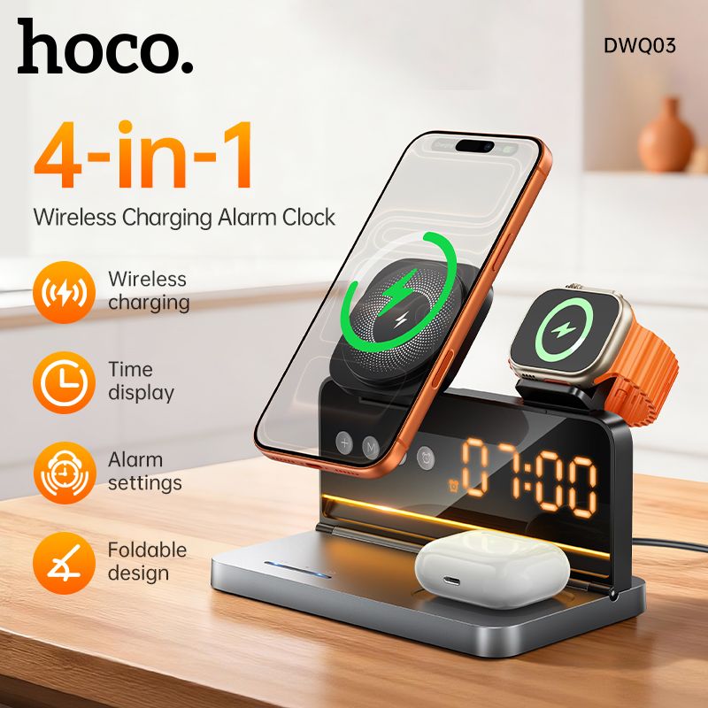HOCO DWQ03 4-in-1 Wireless Charging Station with Digital Alarm Clock – Fast Qi Charging for Phone, Watch & Earbuds (Black)