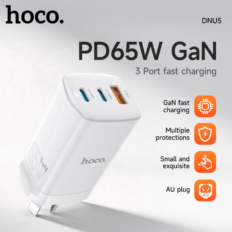 Hoco DNU5 Power GaN PD65W Three-Port(2C1A) Charger(AU) With Smart IC - White