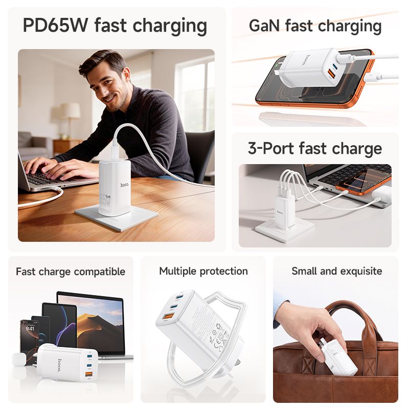 Hoco DNU5 Power GaN PD65W Three-Port(2C1A) Charger(AU) With Smart IC - White
