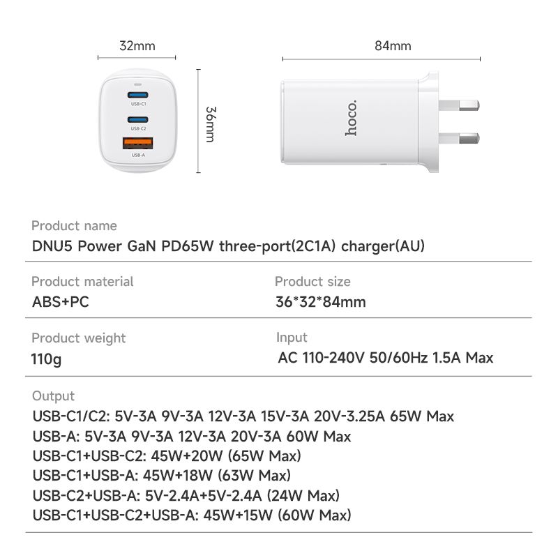 Hoco DNU5 Power GaN PD65W Three-Port(2C1A) Charger(AU) With Smart IC - White