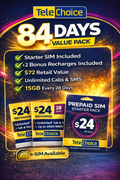 TeleChoice $24 Prepaid e-SIM Bundle – 84 Days Service (Starter Pack + 2 Recharges) Instant Email Delivery