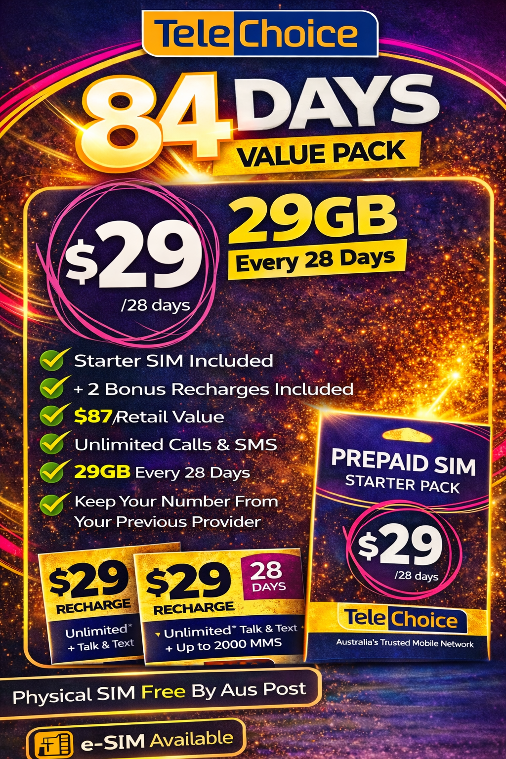 TeleChoice $29 Prepaid e-SIM Bundle – 84 Days Service (Starter Pack + 2 Recharges) Instant Email Delivery
