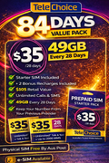 TeleChoice $35 Prepaid e-SIM Bundle – 84 Days Service (Starter Pack + 2 Recharges) Instant Email Delivery