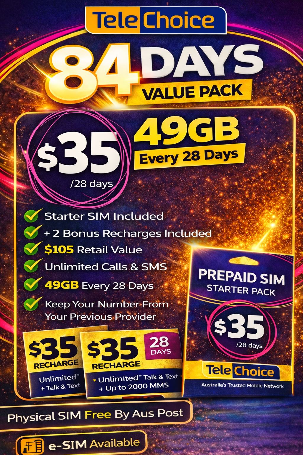 TeleChoice $35 Prepaid e-SIM Bundle – 84 Days Service (Starter Pack + 2 Recharges) Instant Email Delivery