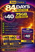 TeleChoice $40 Prepaid SIM Bundle – 84 Days Service (Starter Pack + 2 Recharges) – Free Shipping Australia
