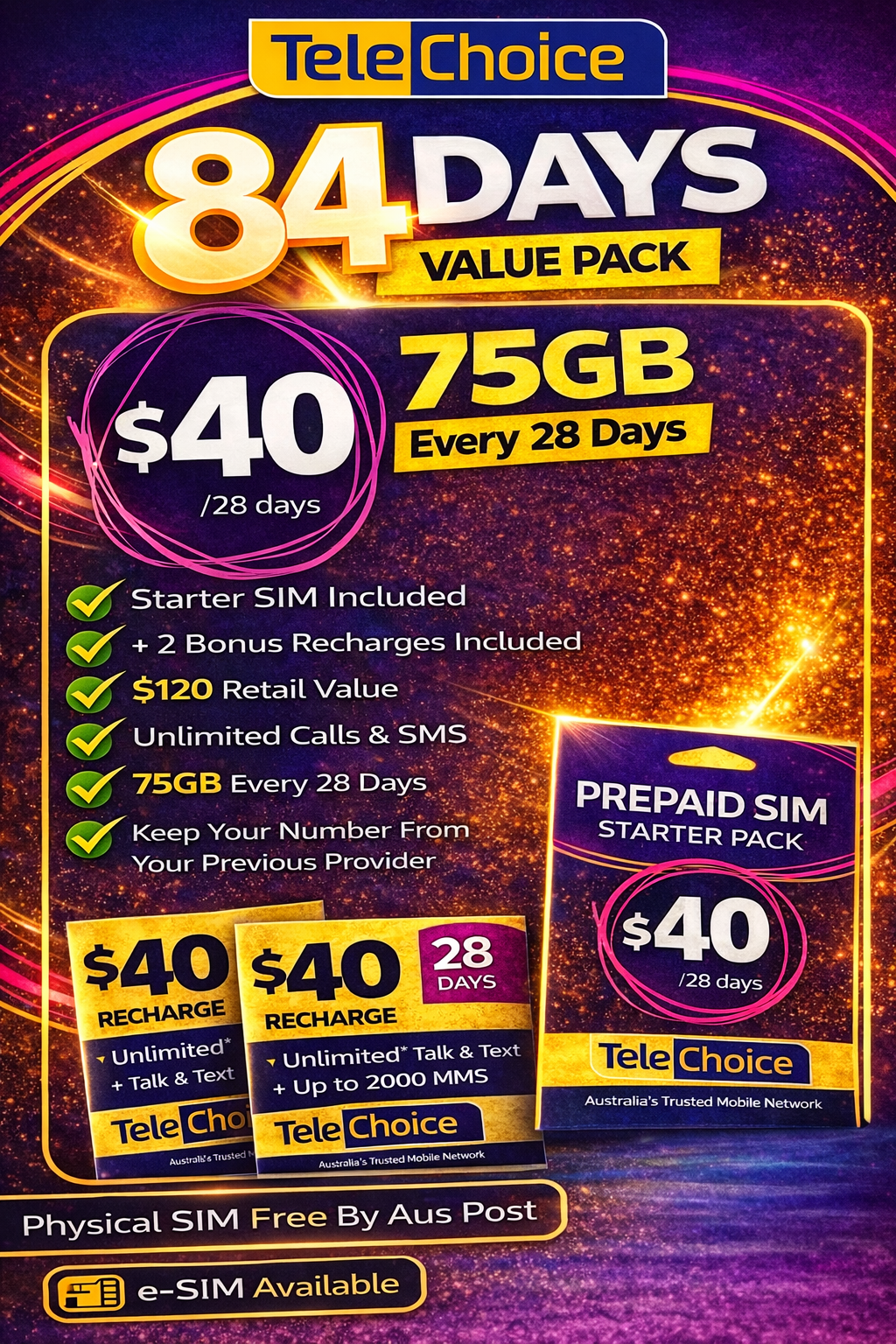 TeleChoice $40 Prepaid SIM Bundle – 84 Days Service (Starter Pack + 2 Recharges) – Free Shipping Australia