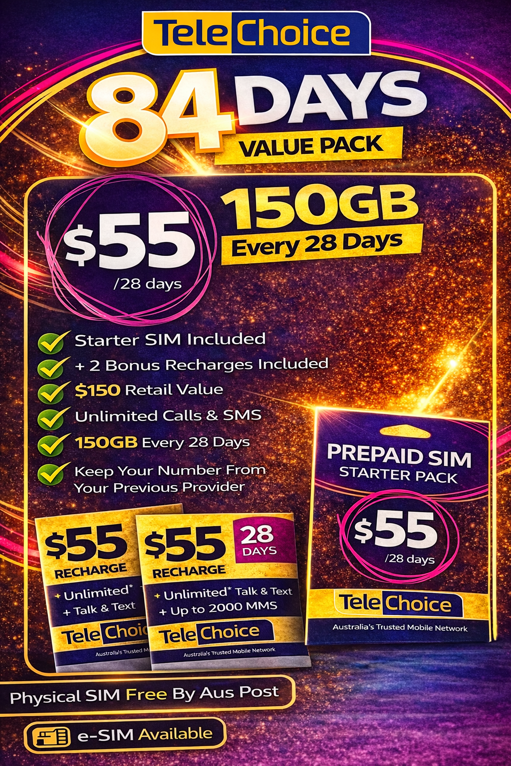 TeleChoice $55 Prepaid e-SIM Bundle – 84 Days Service (Starter Pack + 2 Recharges) Instant Email Delivery