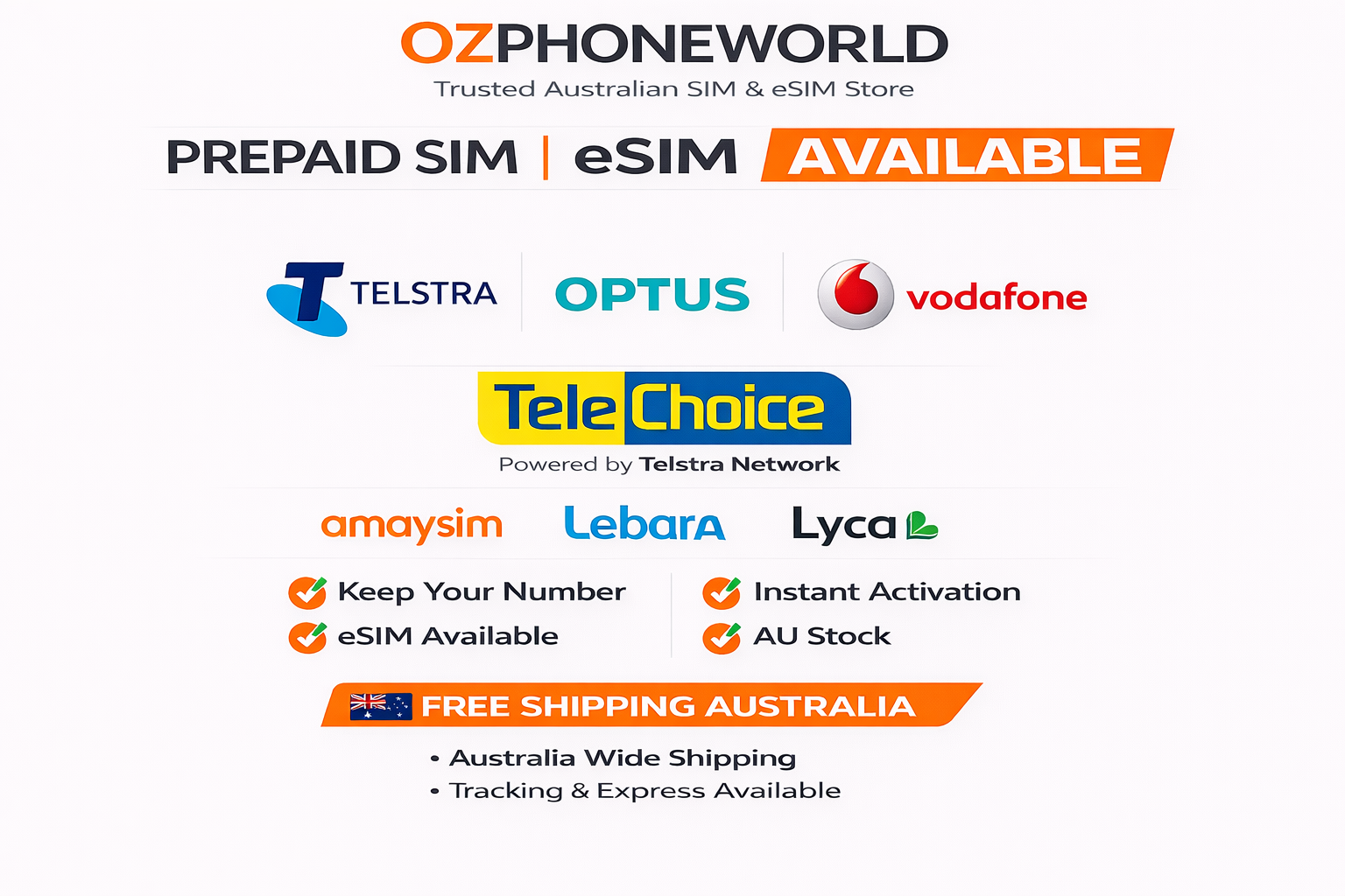 Telstra Optus Vodafone Telechoice Lebara Lyca Amaysim 7/30/180/365 Days Prepaid Sim