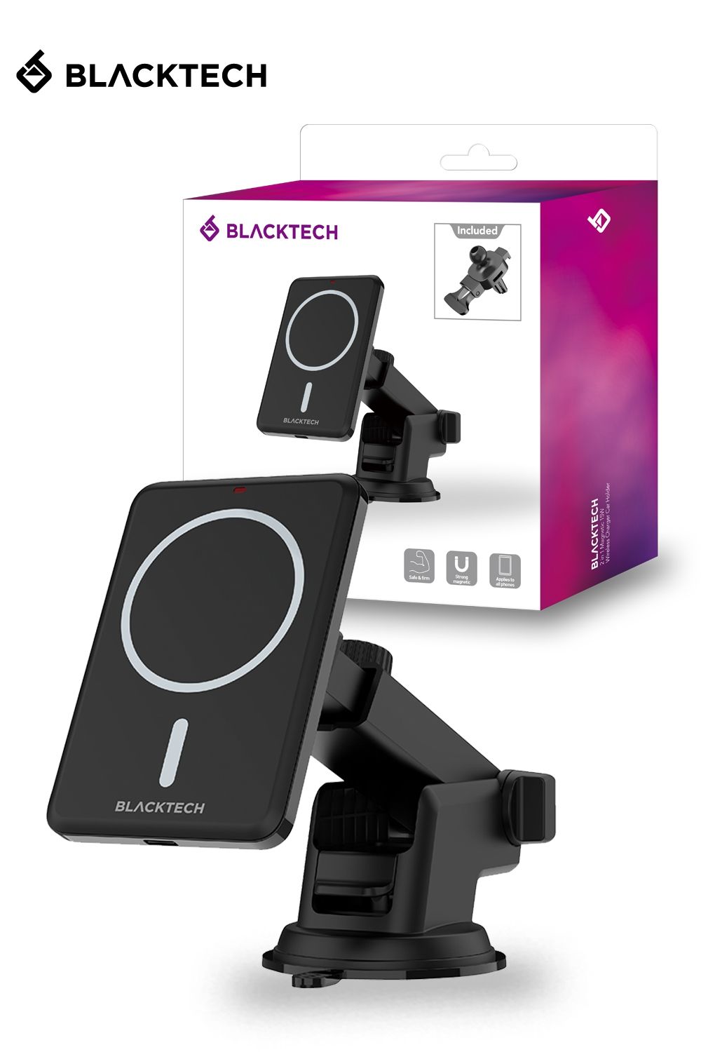 BLACKTECH 15W Magnetic ( Magsafe ) 2in1 Wireless Charger Car Holder