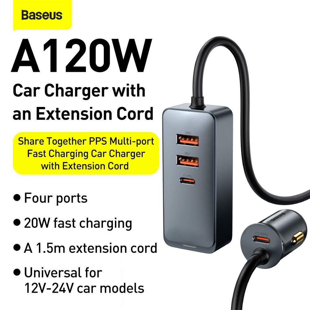 Baseus Share Together PPS Multi-port Fast Charging Car Charger with Extension Cord 120W 2U+2C-Gray