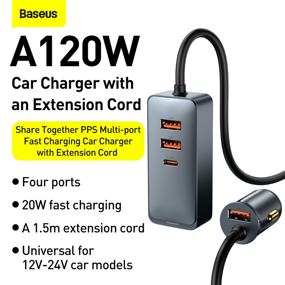 Baseus Share Together PPS Multi-port Fast Charging Car Charger with Extension Cord 120W 3U+1C-Gray