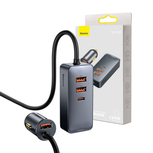 Baseus Share Together PPS Multi-port Fast Charging Car Charger with Extension Cord 120W 3U+1C-Gray