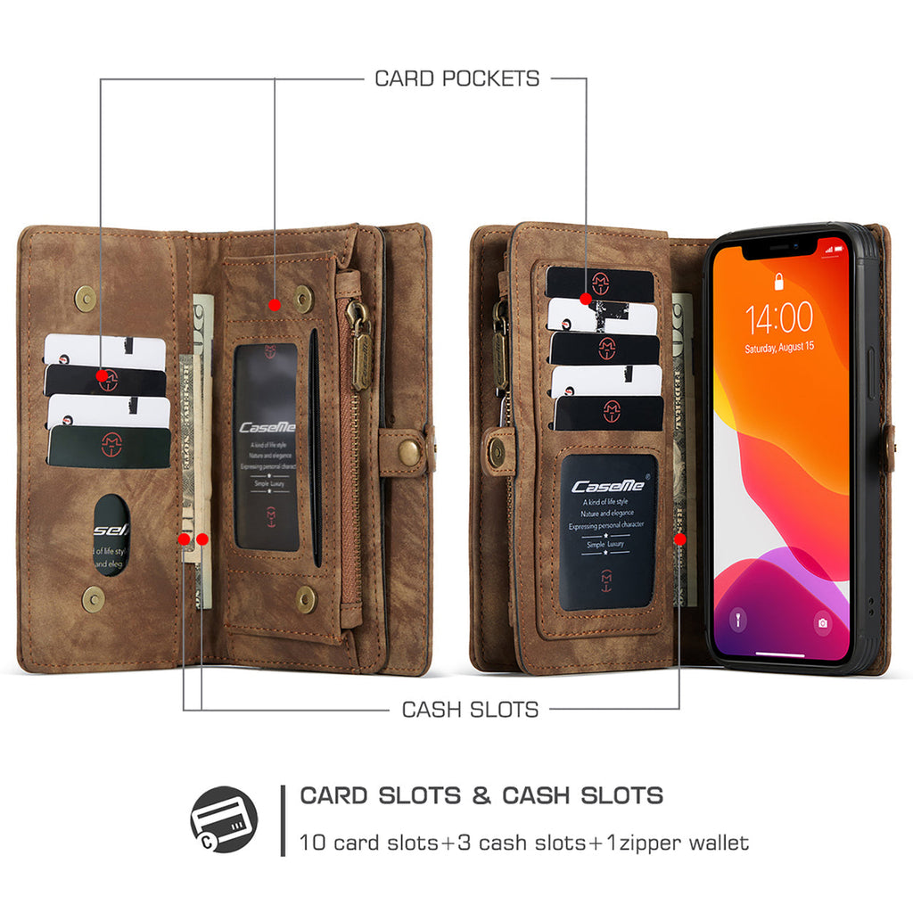 iPhone 16 Pro Max CaseMe Detachable Case Leather Zip Wallet Cover