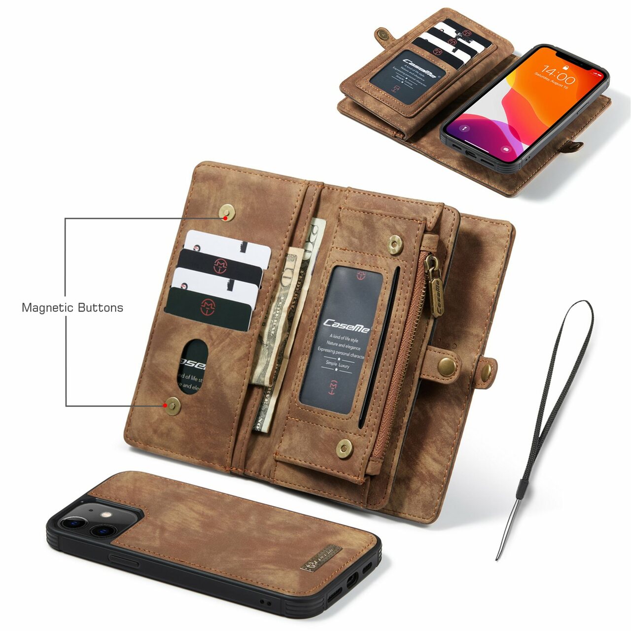 iPhone 16 Pro Max CaseMe Detachable Case Leather Zip Wallet Cover