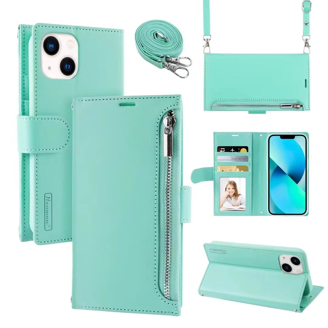 iPhone Hanman Zipper Case with Card Holder Wallet for Women with Strap, Cross-body Necklace Lanyard Shoulder Strap